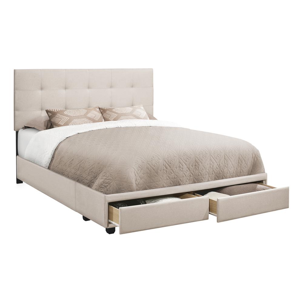 Bed, Queen Size, Bedroom, Upholstered, Beige Linen Look, Black Wood Legs. Picture 2