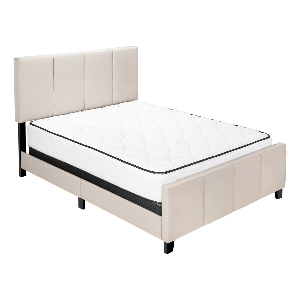 Bed, Queen Size, Bedroom, Upholstered, Beige Linen Look, Black Wood Legs. Picture 1