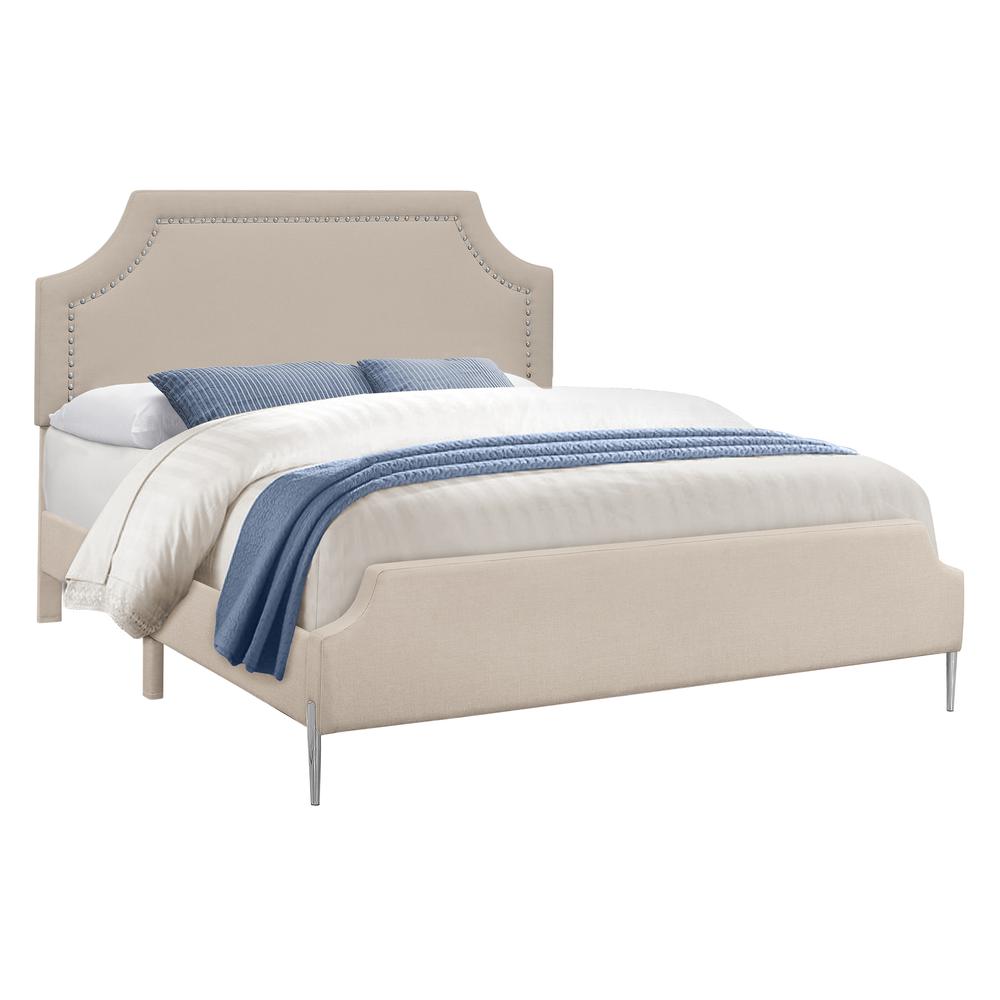 Bed, Queen Size, Bedroom, Upholstered, Beige Linen Look, Chrome. Picture 1