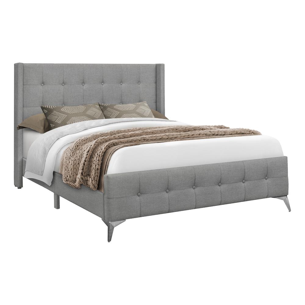 Bed, Queen Size, Bedroom, Upholstered, Grey Linen Look, Chrome Metal Legs. Picture 1