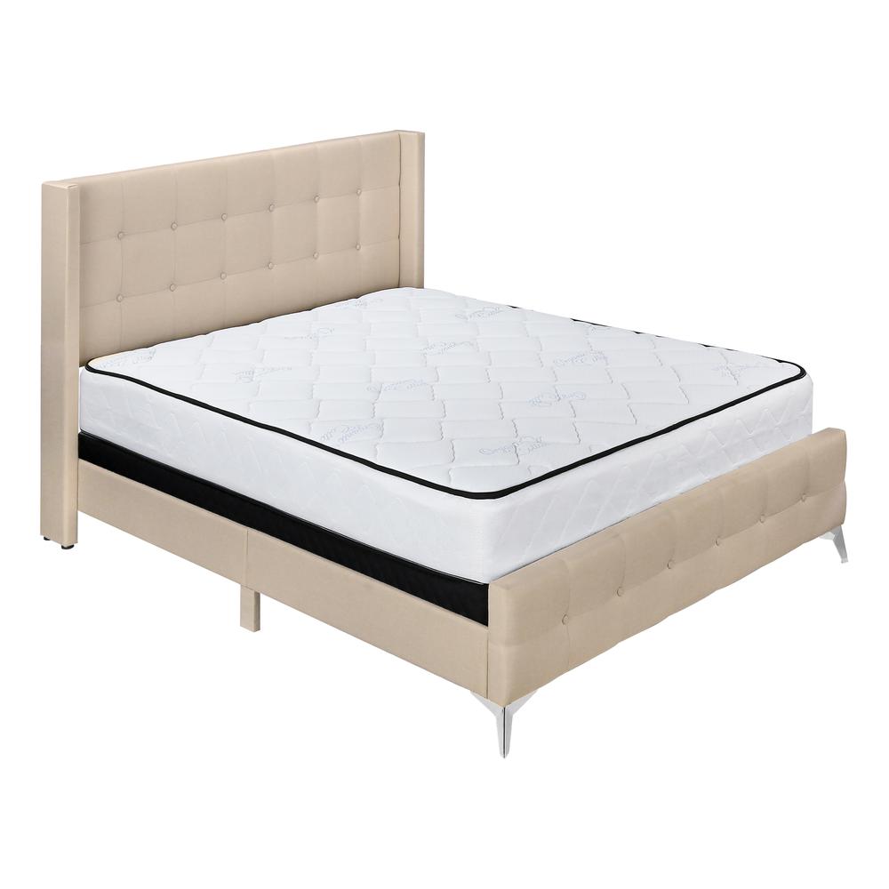 Bed, Queen Size, Bedroom, Upholstered, Beige Linen Look, Chrome Metal Legs. Picture 1