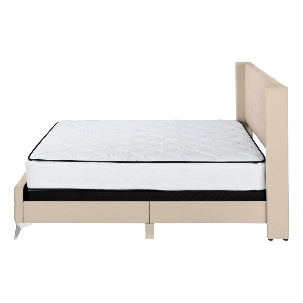 Bed, Queen Size, Bedroom, Upholstered, Beige Linen Look, Chrome Metal Legs. Picture 3