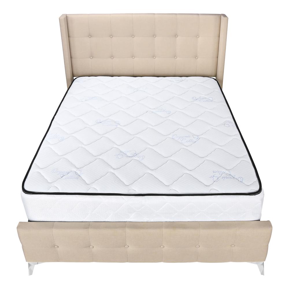 Bed, Queen Size, Bedroom, Upholstered, Beige Linen Look, Chrome Metal Legs. Picture 5