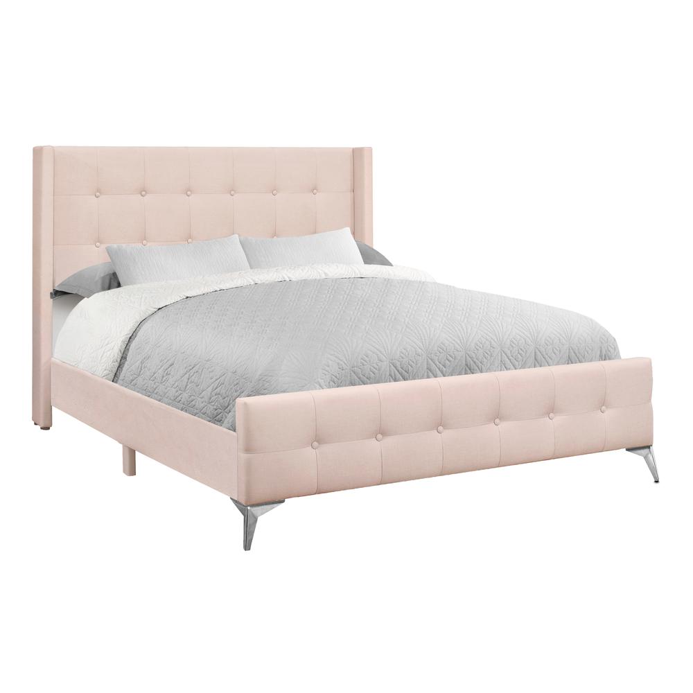 Bed, Queen Size, Bedroom, Upholstered, Pink Velvet, Chrome Metal Legs. Picture 1
