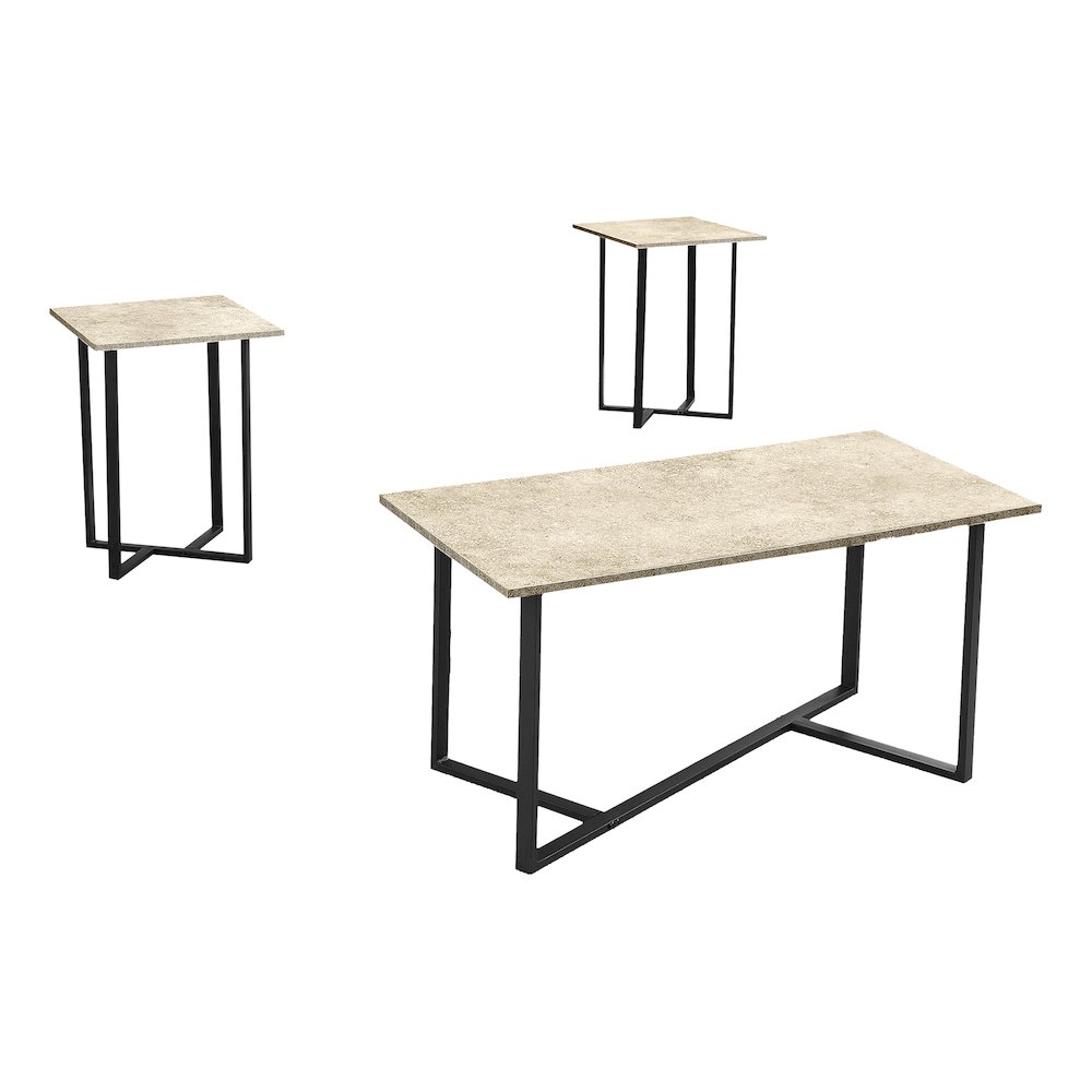 Table Set, 3pcs Set, Coffee, End, Cream Stone Laminate, Black Metal. Picture 1