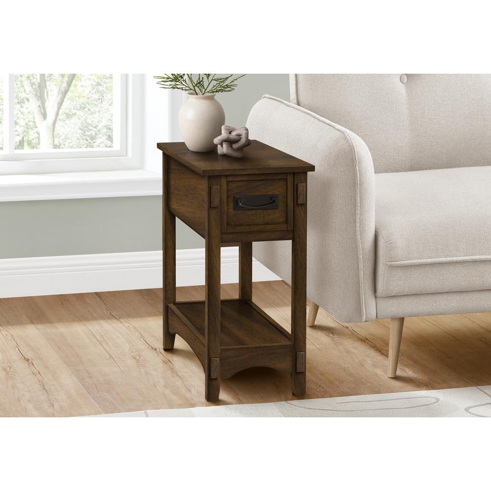 Accent Table, 2 Tier, Narrow, Storage Drawer, Brown Veneer, Transitional. Picture 10