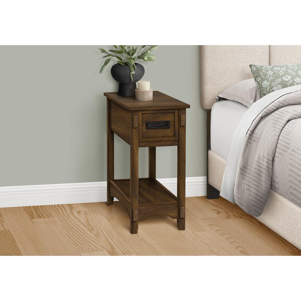 Accent Table, 2 Tier, Narrow, Storage Drawer, Brown Veneer, Transitional. Picture 11