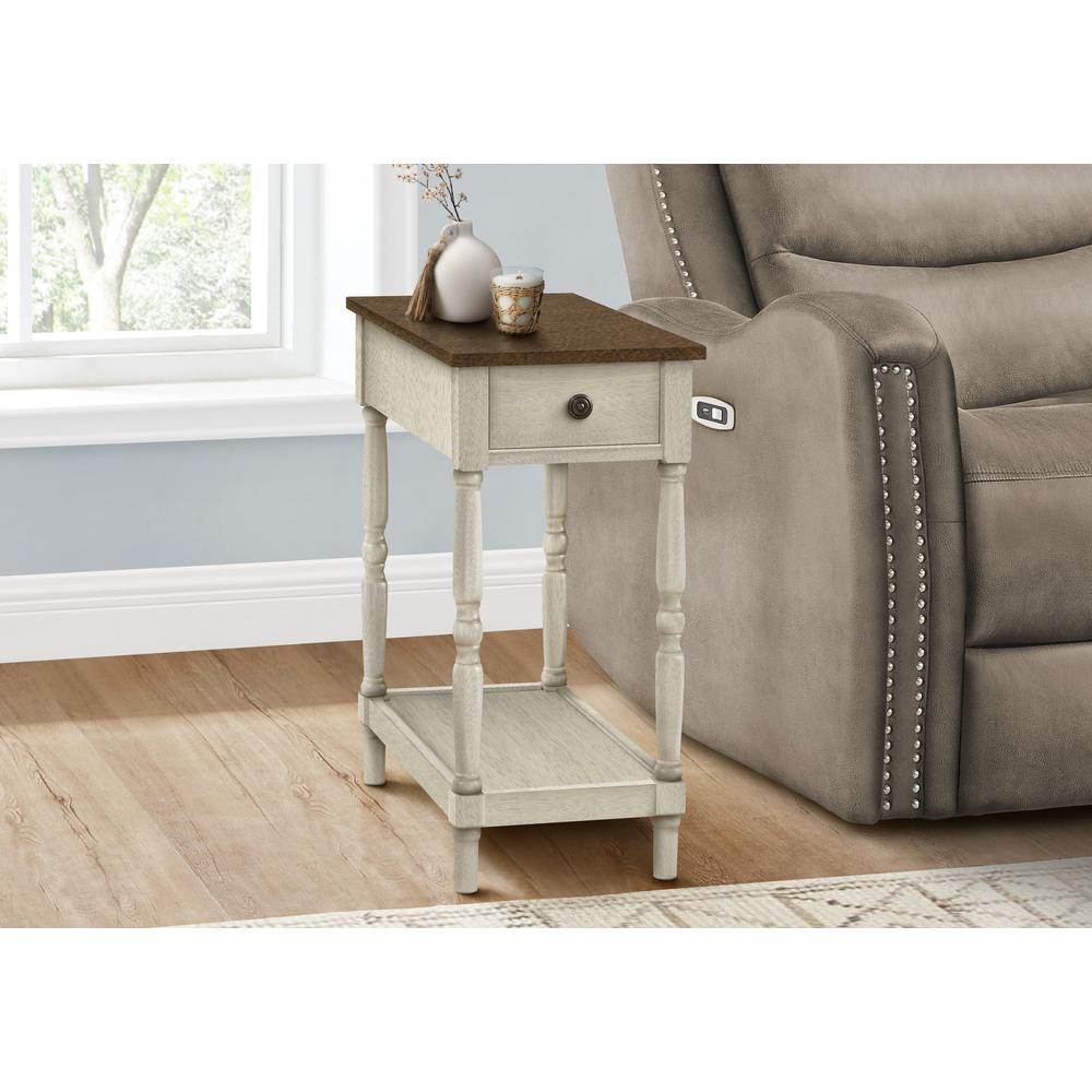 Accent Table, 2 Tier, Narrow, Lamp, Storage Drawer, Brown Veneer, White Veneer. Picture 3