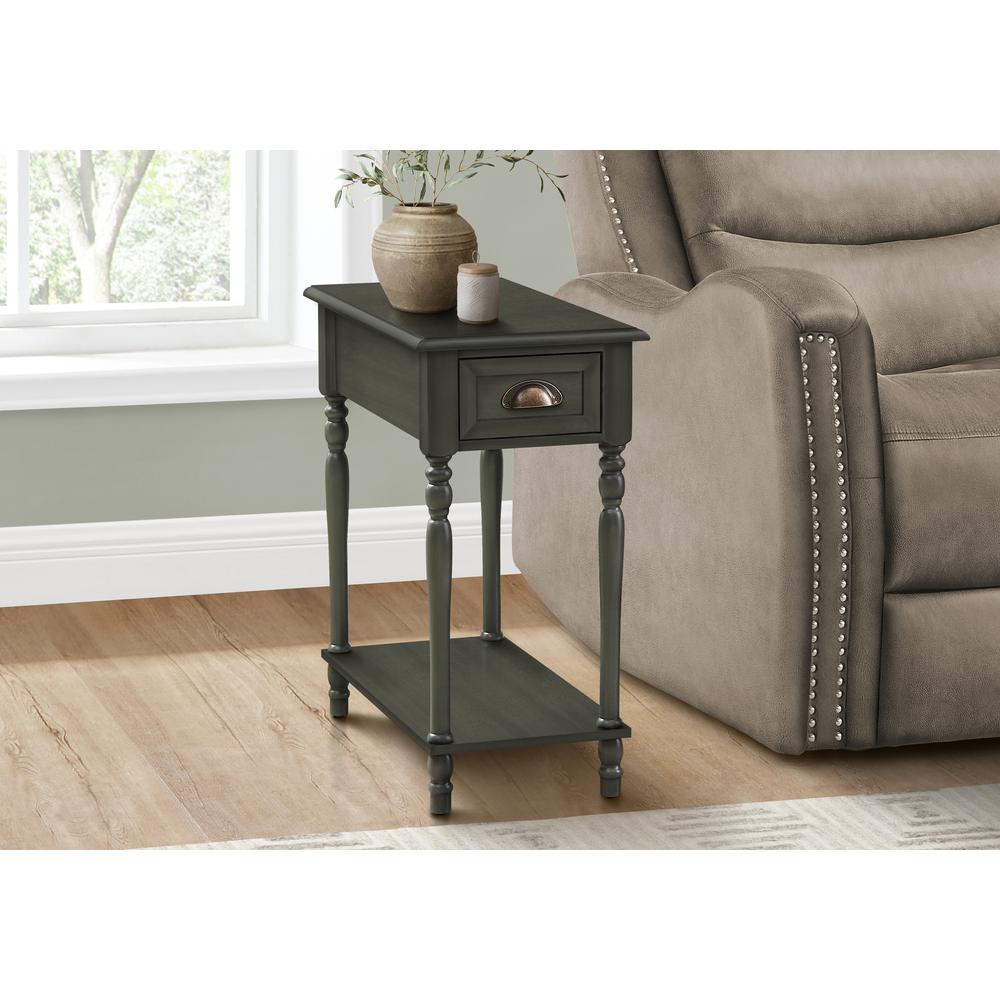 Accent Table, 2 Tier, Narrow, Lamp, Storage Drawer, Green Veneer, Traditional. Picture 4