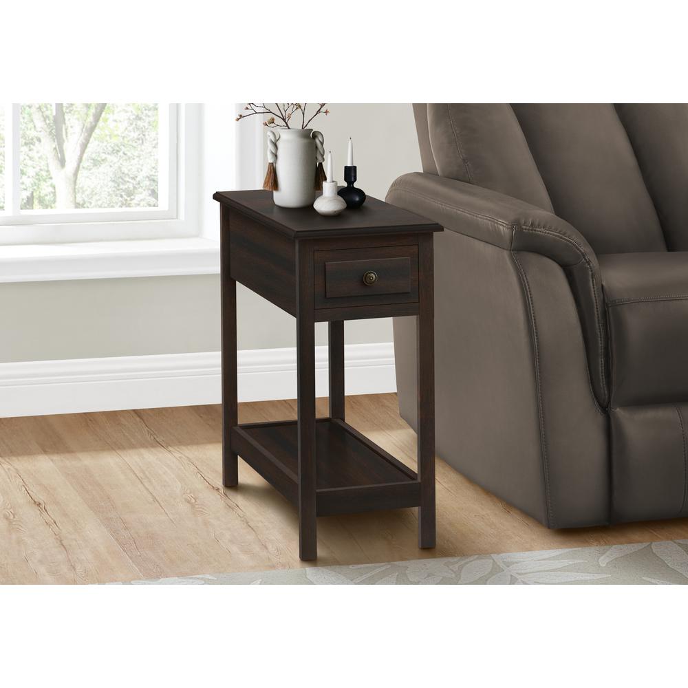 Accent Table, 2 Tier, Narrow, Storage Drawer, Lamp, Brown Veneer, Transitional. Picture 3