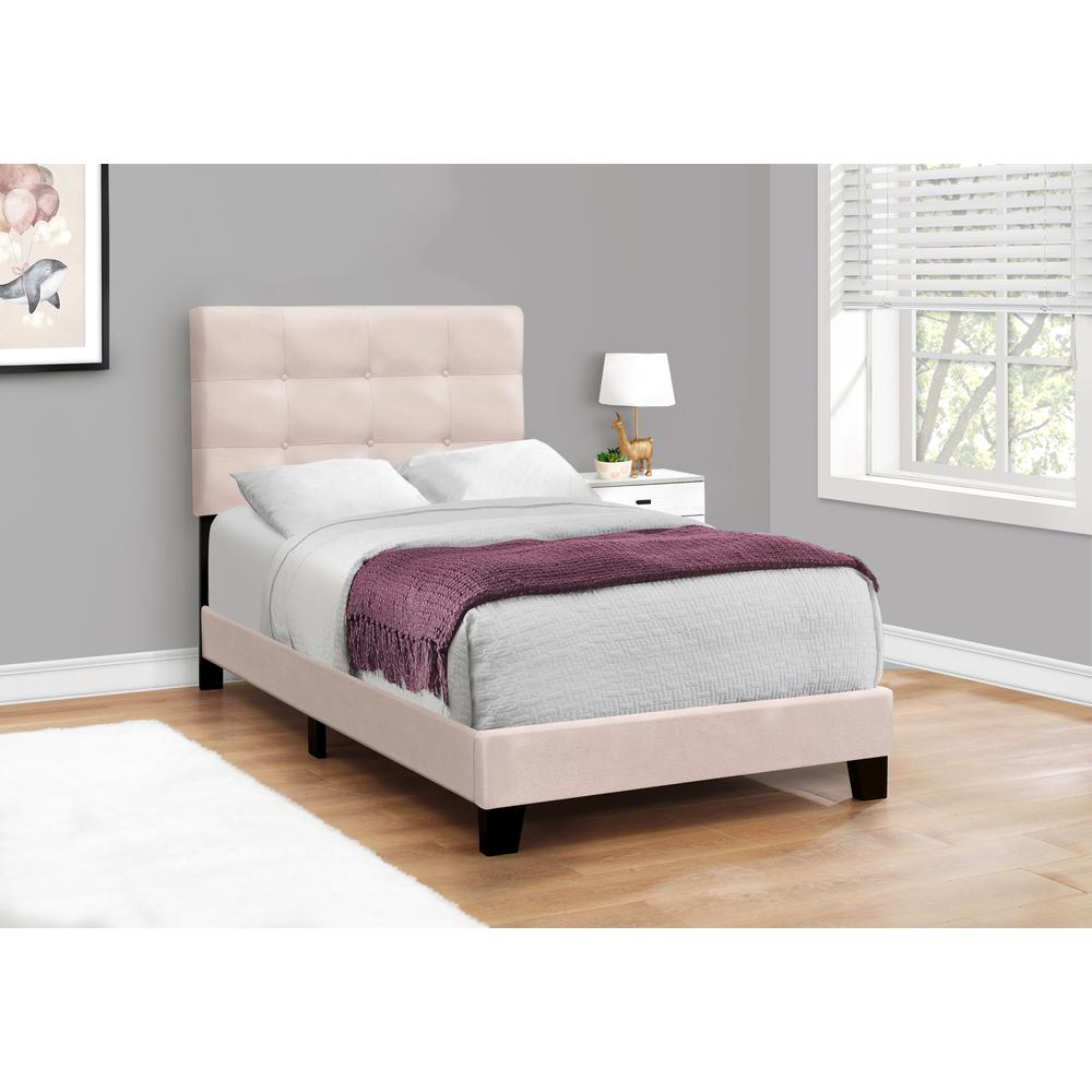 Bed, Twin Size, Upholstered, Frame Only, Pink Velvet, Transitional. Picture 3
