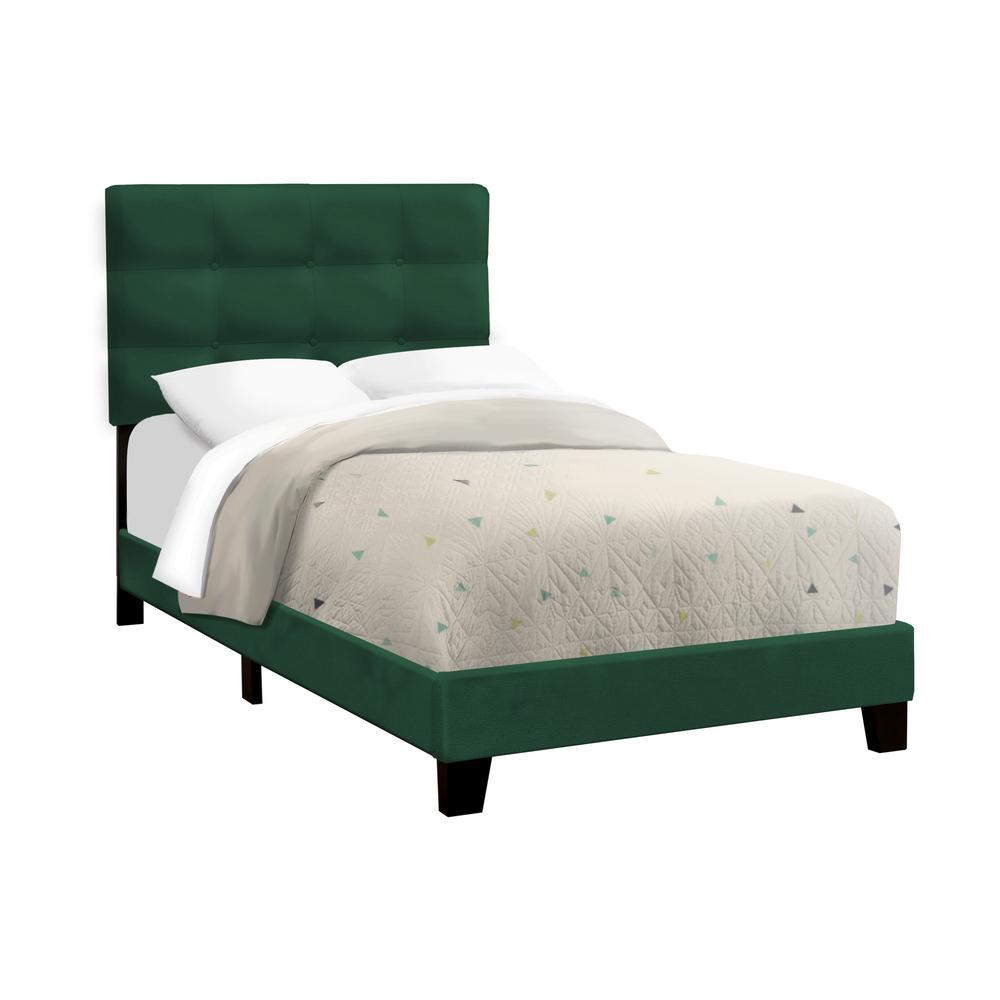 Bed, Twin Size, Upholstered, Frame Only, Green Velvet, Transitional. Picture 1