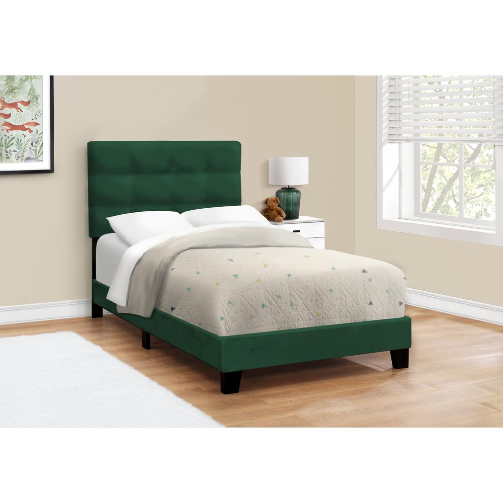 Bed, Twin Size, Upholstered, Frame Only, Green Velvet, Transitional. Picture 3