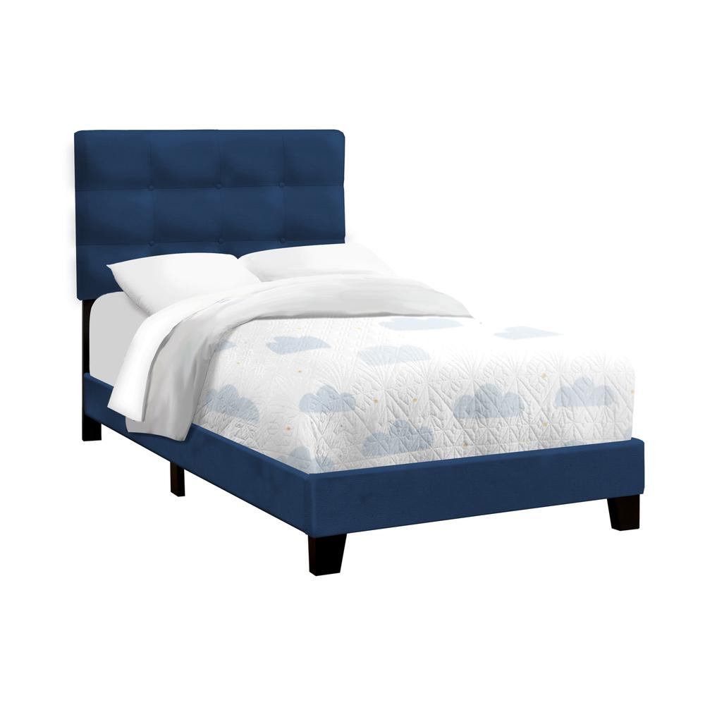 Bed, Twin Size, Upholstered, Frame Only, Blue Velvet, Transitional. Picture 1