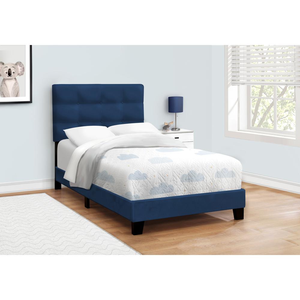 Bed, Twin Size, Upholstered, Frame Only, Blue Velvet, Transitional. Picture 3