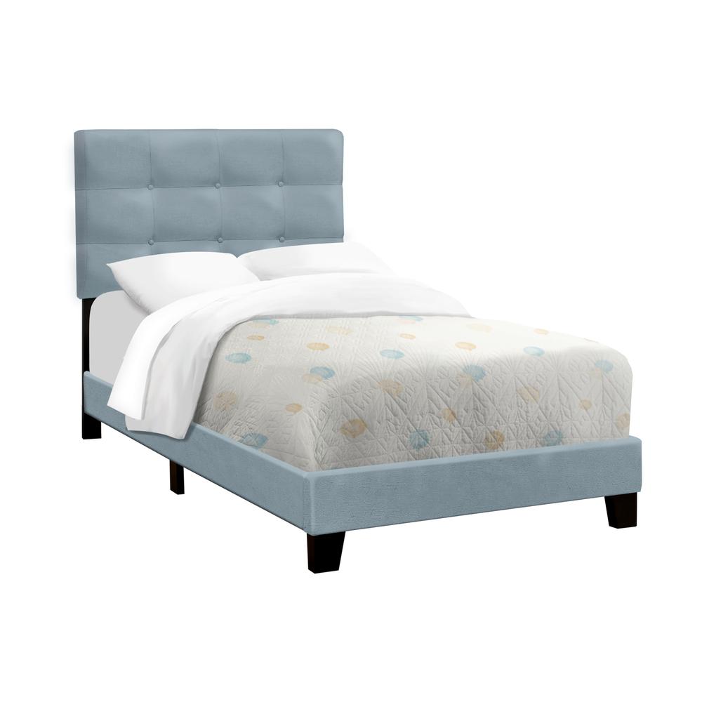Bed, Twin Size, Upholstered, Frame Only, Light Blue Velvet, Transitional. Picture 1