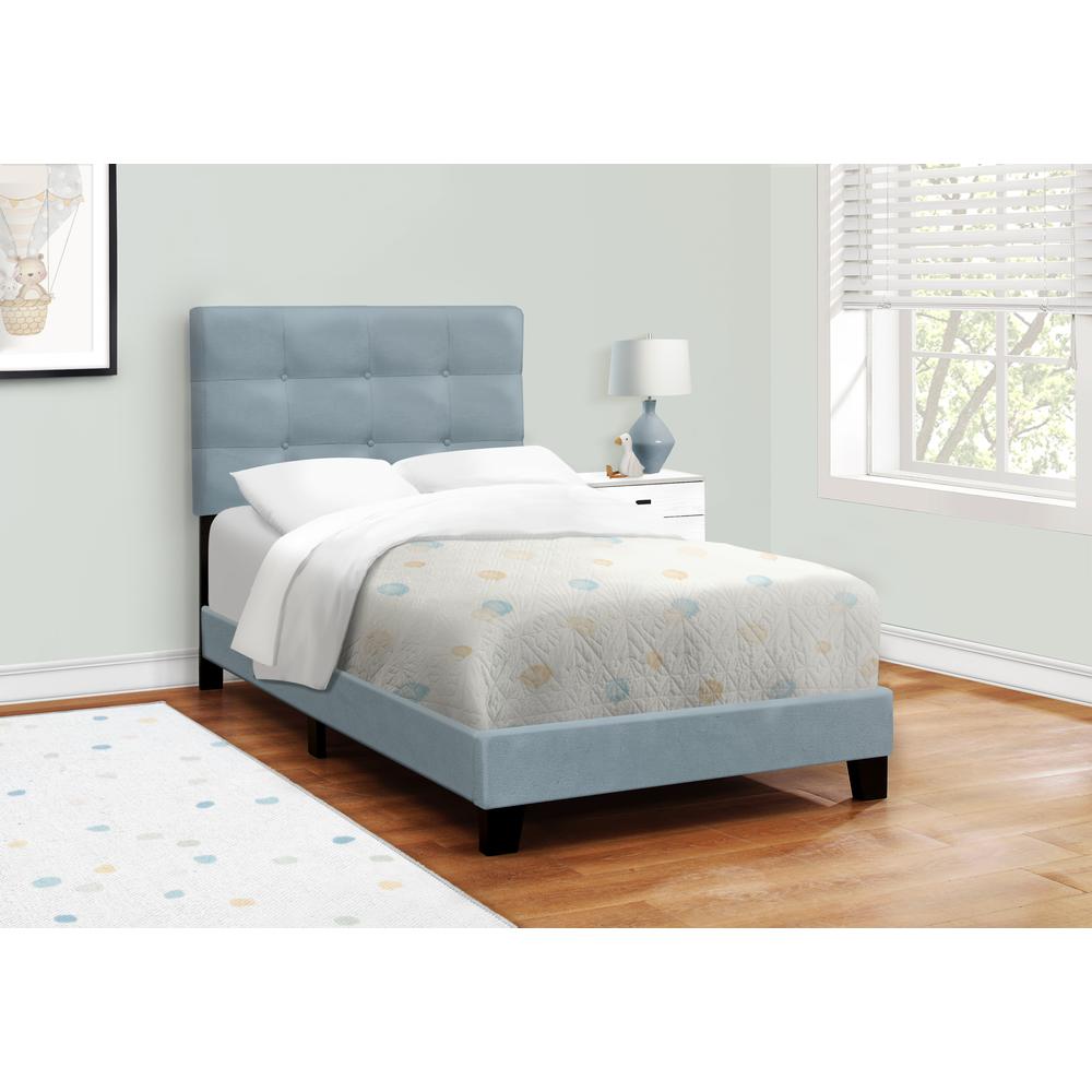 Bed, Twin Size, Upholstered, Frame Only, Light Blue Velvet, Transitional. Picture 3