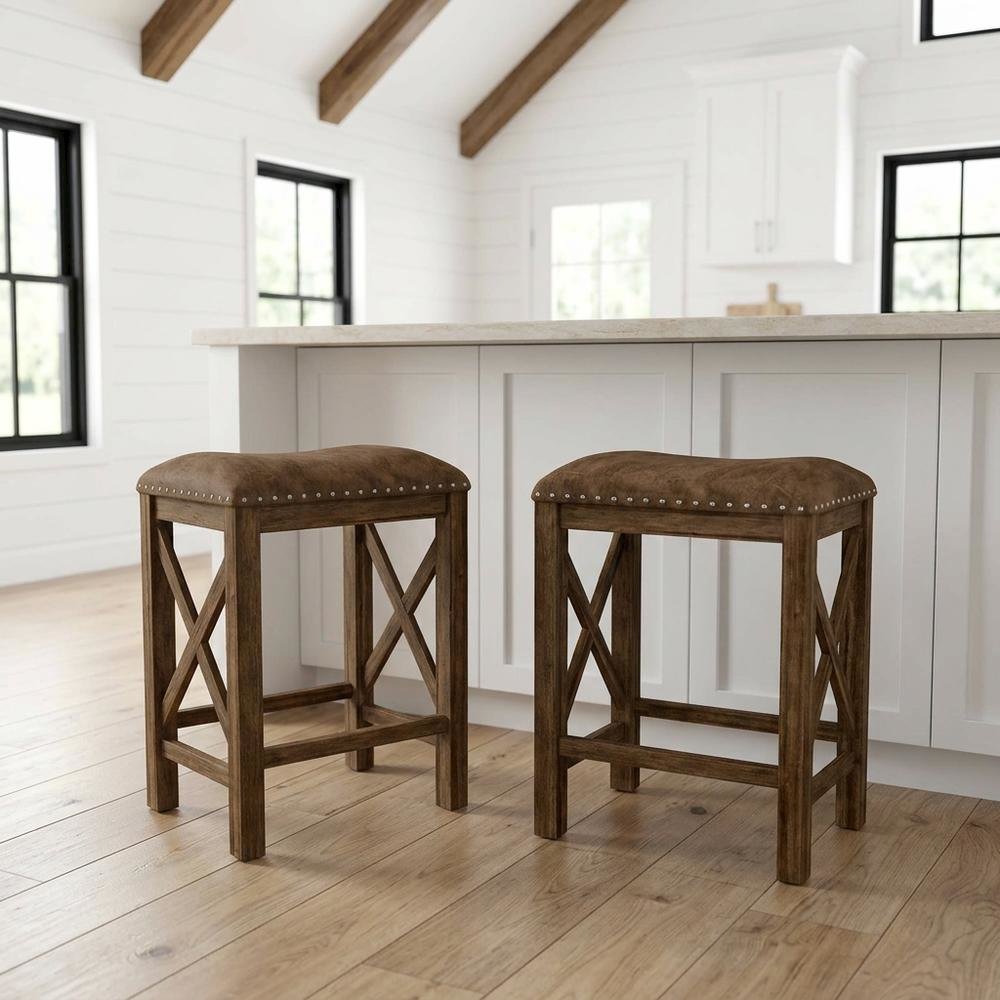 Acacia Wood Backless Counter Height Stool for Kitchen Island Counter, Set of 2. Picture 2