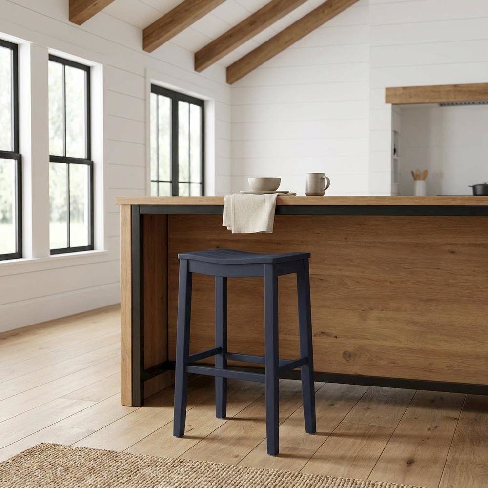 Wooden Backless Bar Height Stool with Footrest for Kitchen Island, Navy. Picture 2