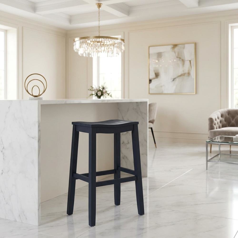Wooden Backless Bar Height Stool with Footrest for Kitchen Island, Navy. Picture 4