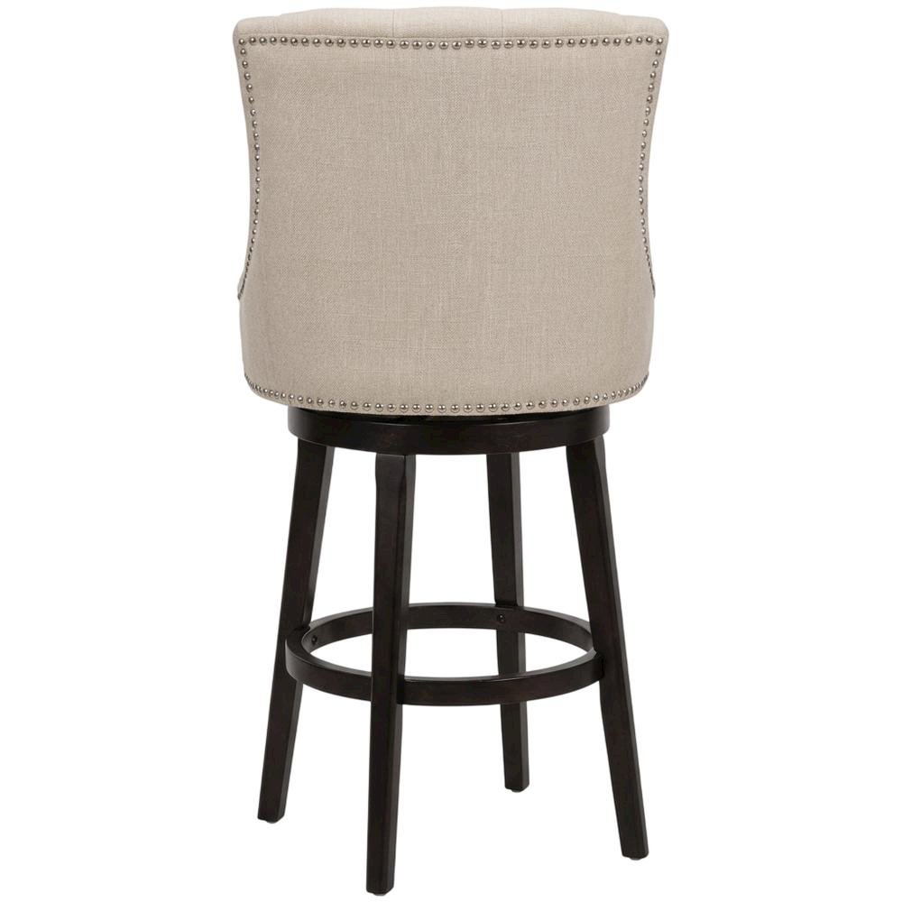 Brown Fabric Round Counter Stool with High Back and Wood Construction. Picture 2
