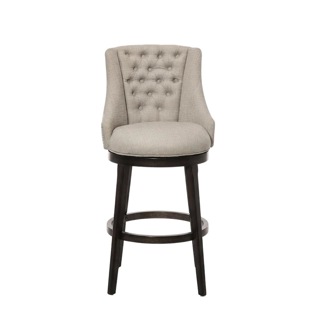 Brown Fabric Round Counter Stool with High Back and Wood Construction. Picture 1