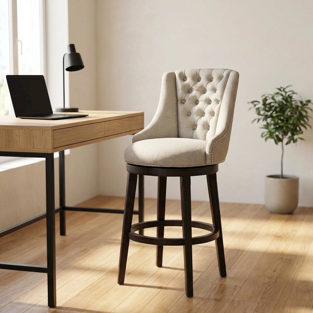Brown Fabric Round Counter Stool with High Back and Wood Construction. Picture 7