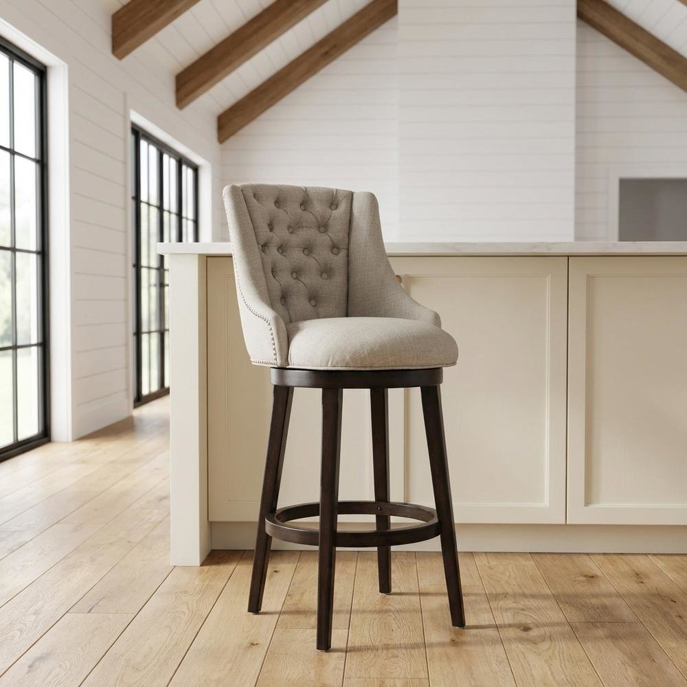 Brown Fabric Round Counter Stool with High Back and Wood Construction. Picture 8