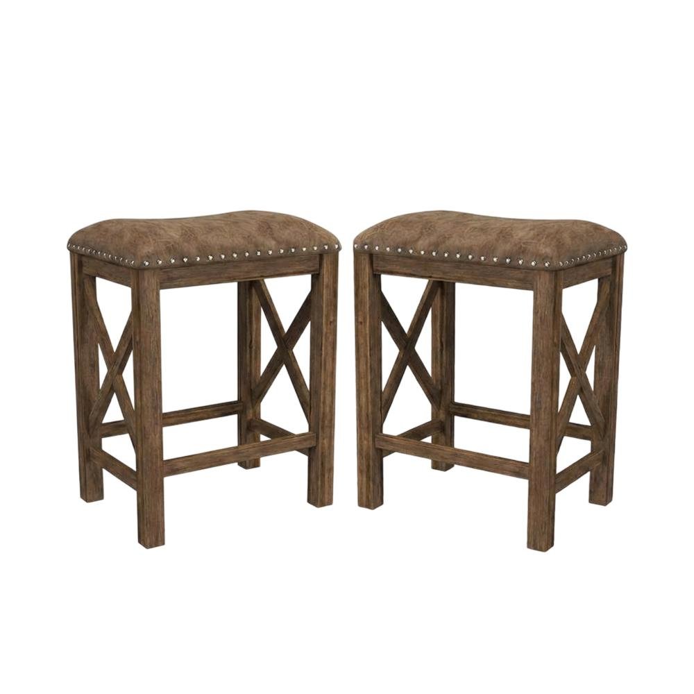 Acacia Wood Backless Counter Height Stool for Kitchen Island Counter, Set of 2. Picture 1