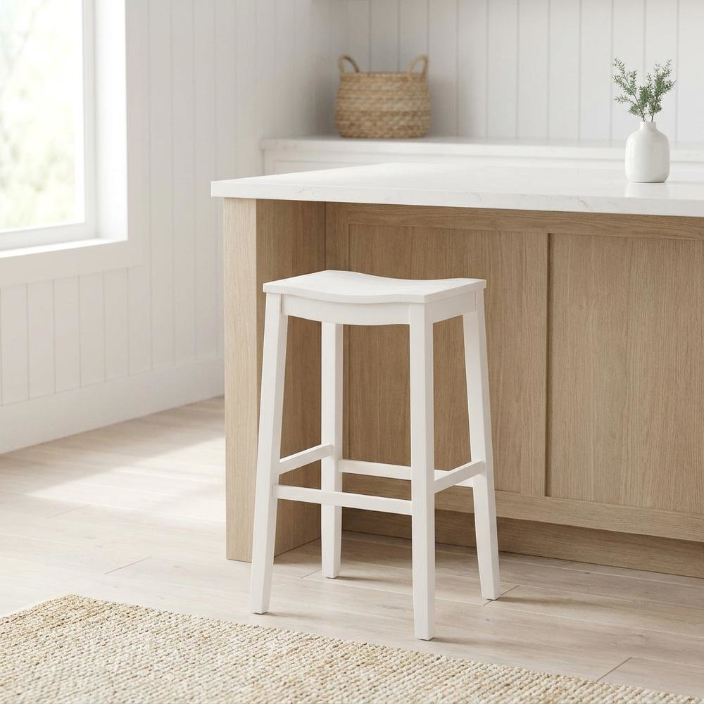 Wooden Backless Bar Stool with Footrest, Wood Bar Stools, White. Picture 2