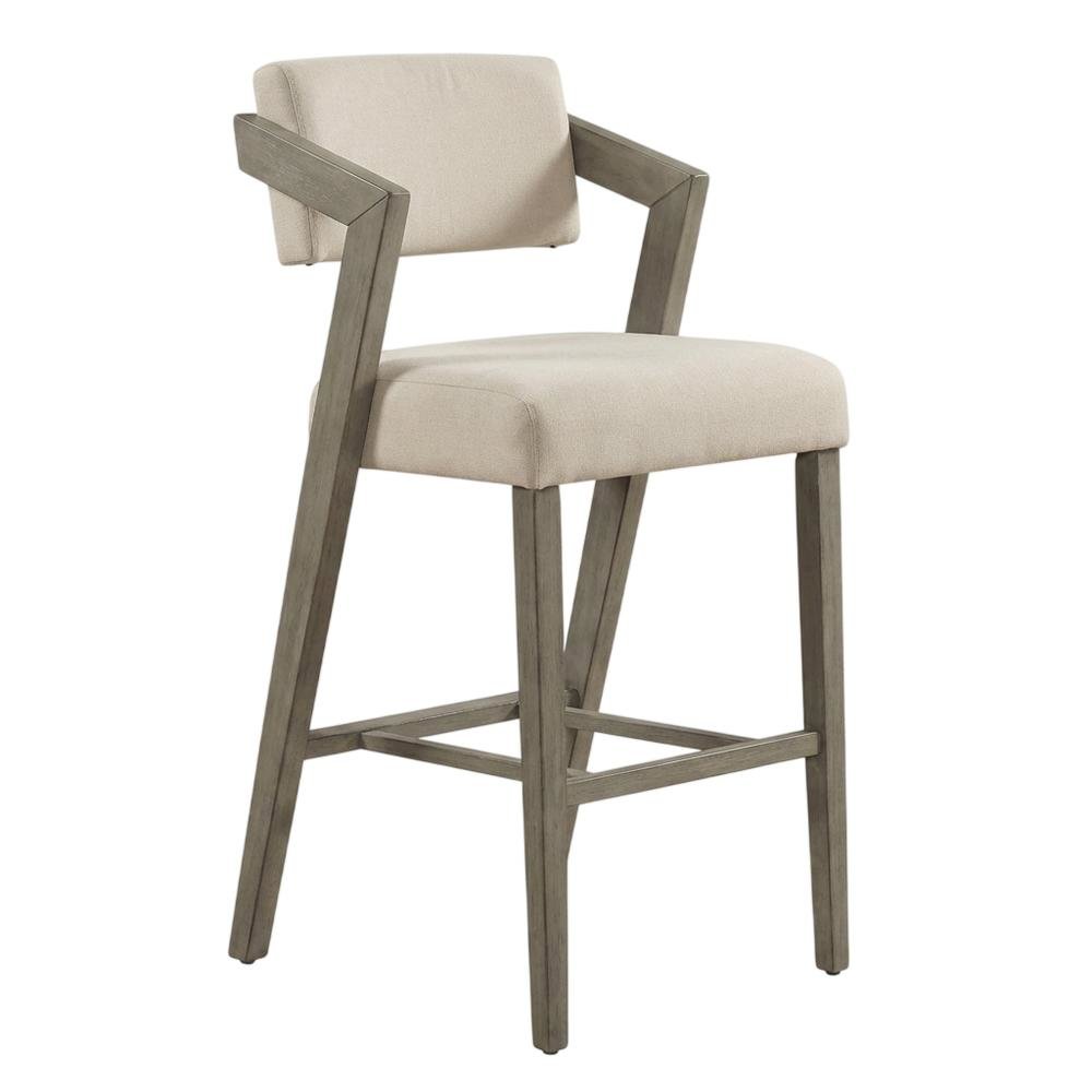 Grey Fabric Counter Height Stool with Wooden Aged Gray Finish and Low Back. Picture 1