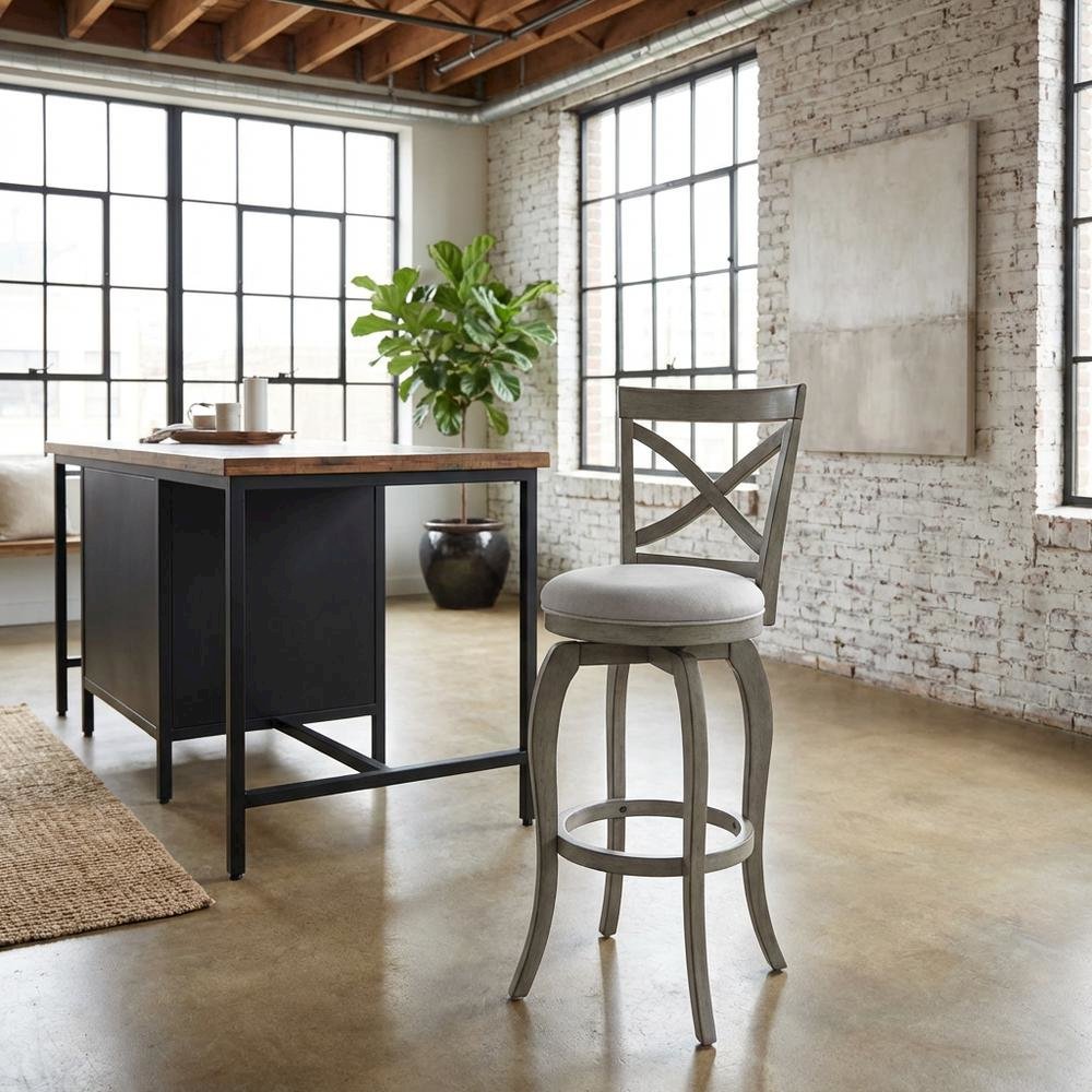 Aged Gray Fabric Counter Stool with High Back and Footrest. Picture 7