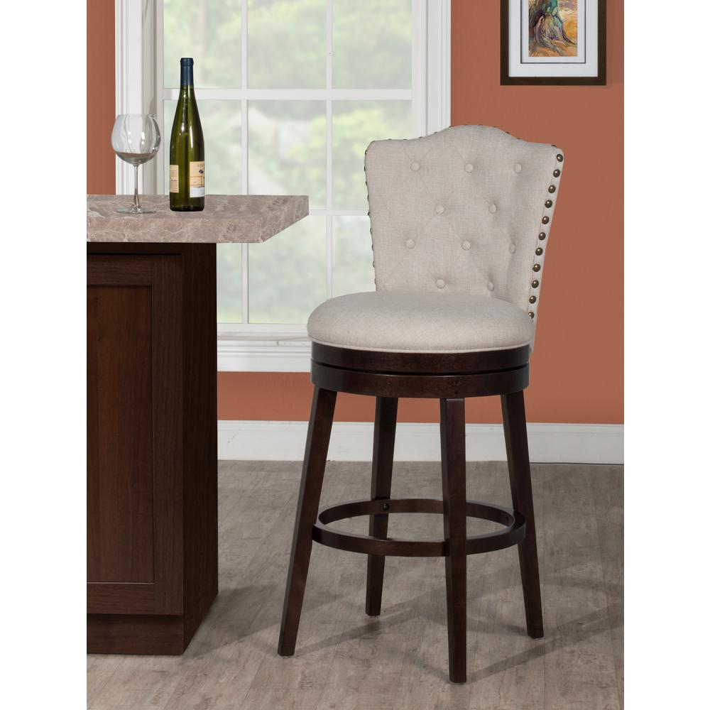 Edenwood Wood Bar Height Swivel Stool, Smoke Chocolate with Cream Fabric. Picture 2