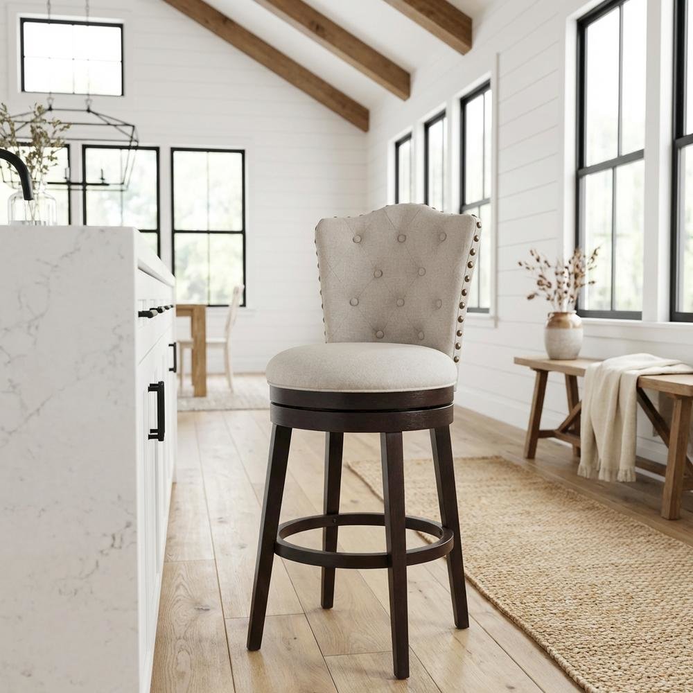 Cream Fabric Swivel Counter Stool with High Back and Floor Footrest. Picture 7