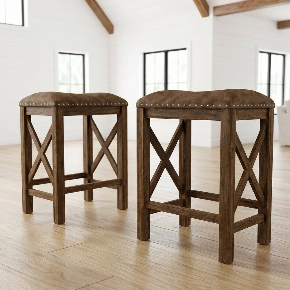Acacia Wood Backless Counter Height Stool for Kitchen Island Counter, Set of 2. Picture 5
