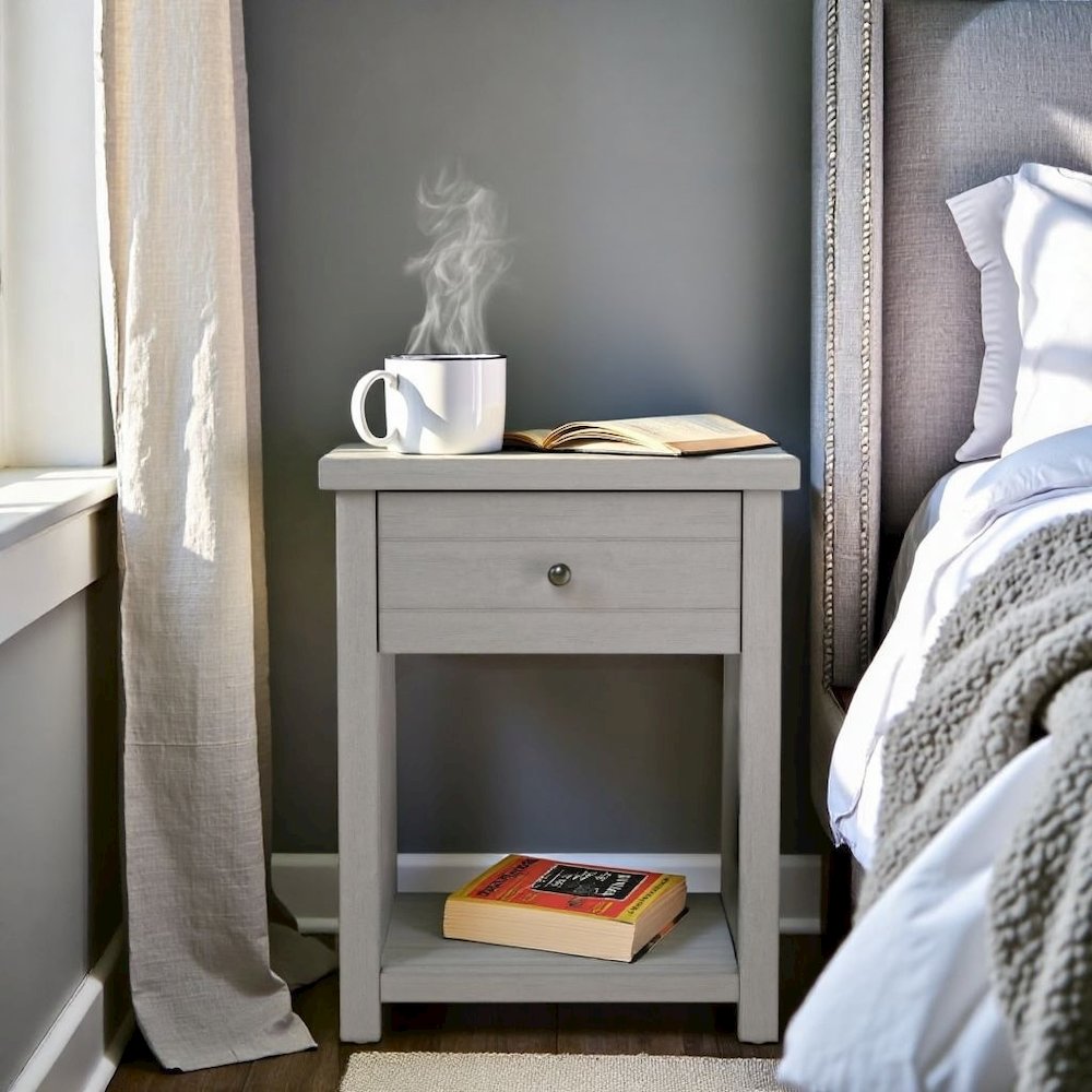Grey Nightstand Wooden Side Table with Drawer and Open Storage Shelf. Picture 2
