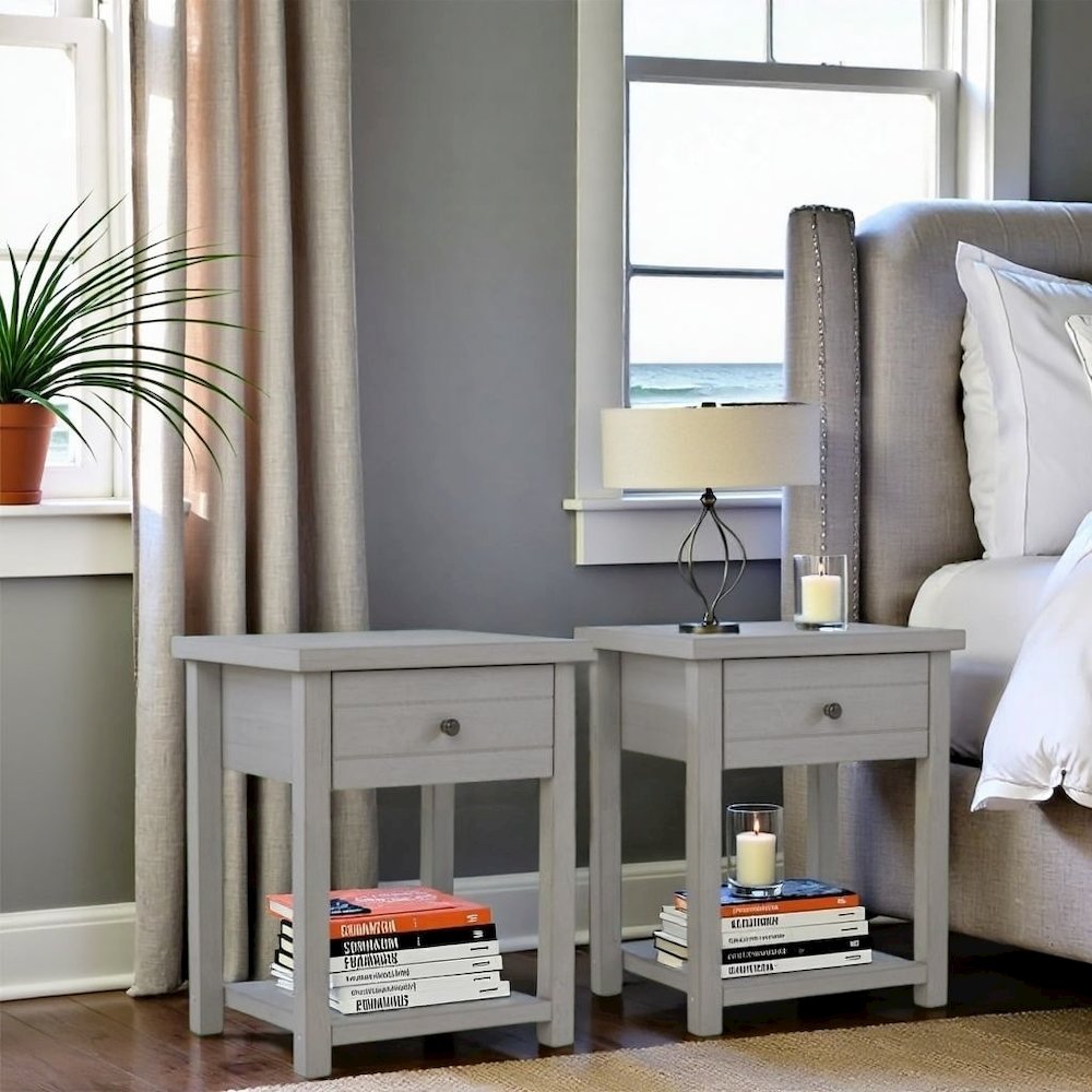 Gray Nightstands Set of 2 Wooden Side Tables with Drawer and Shelf. Picture 3