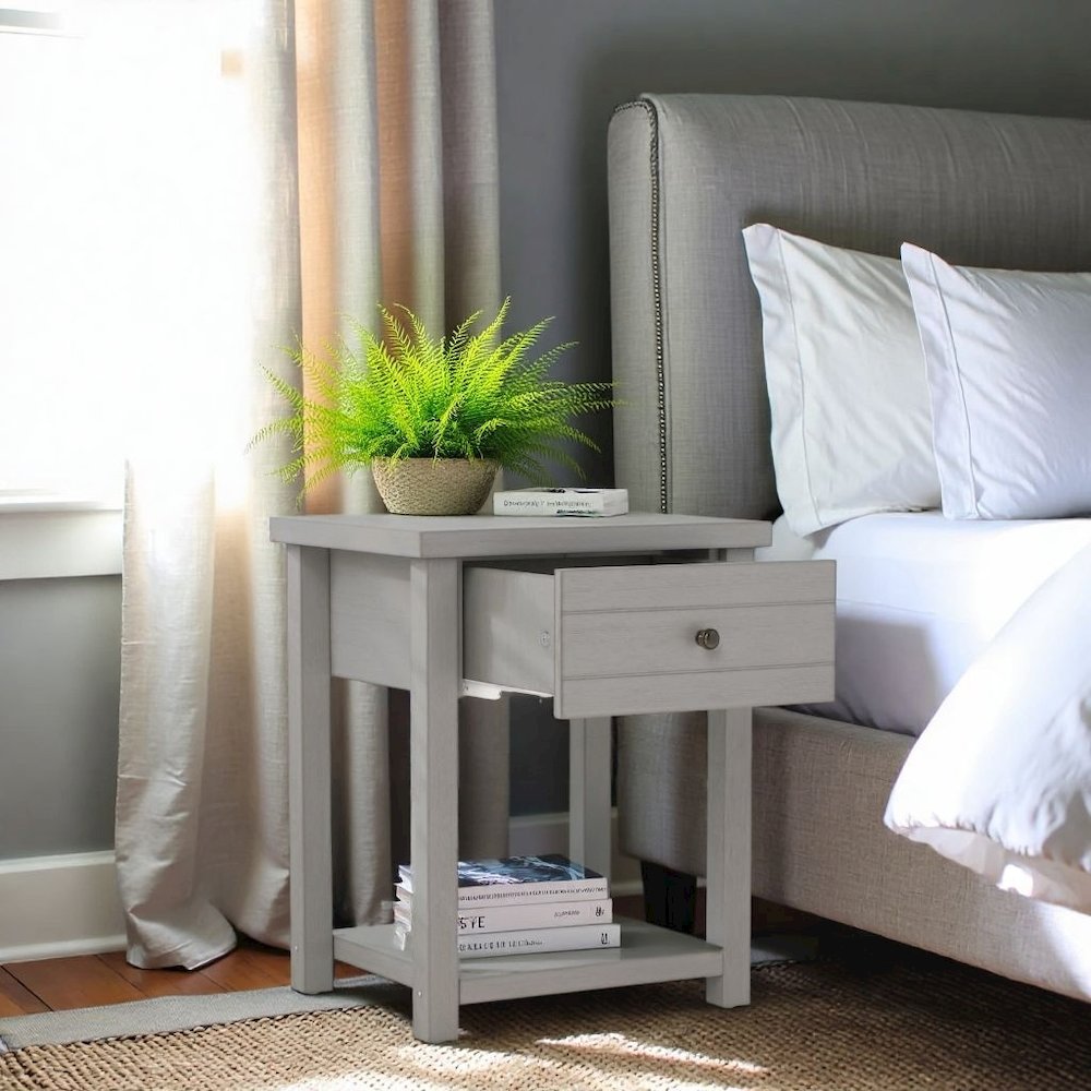 Gray Nightstands Set of 2 Wooden Side Tables with Drawer and Shelf. Picture 4