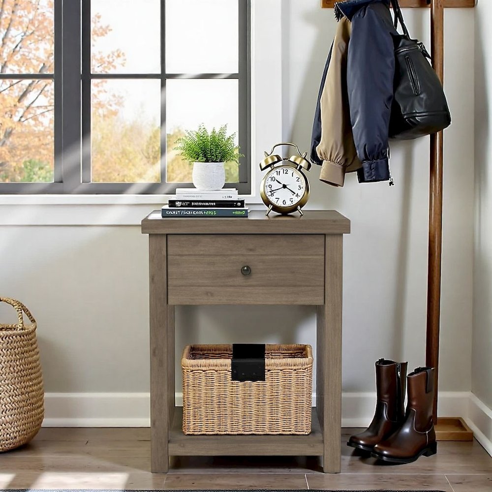 Grey Nightstand Wooden Side Table with Drawer and Open Storage Shelf. Picture 2