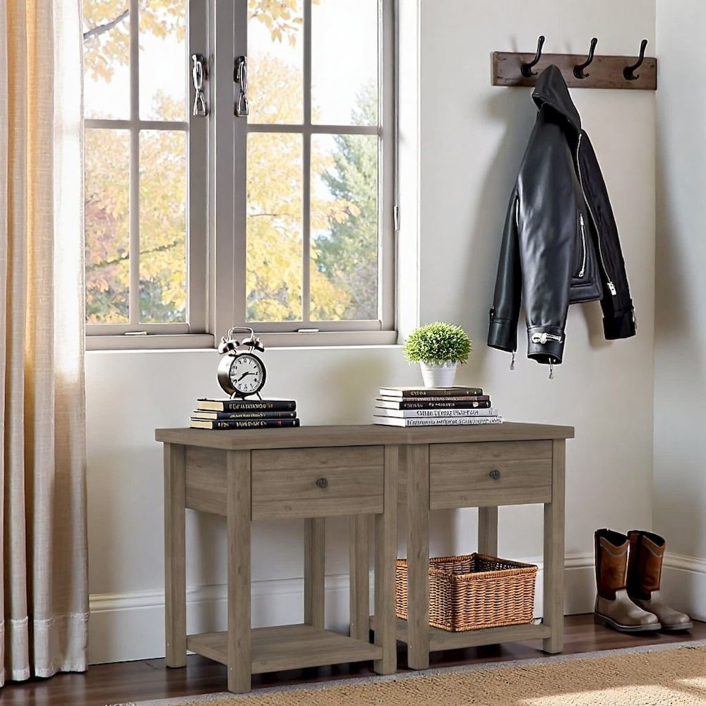 Knotty Gray Oak Nightstands Set of 2 Wooden Side Tables with Shelf. Picture 2