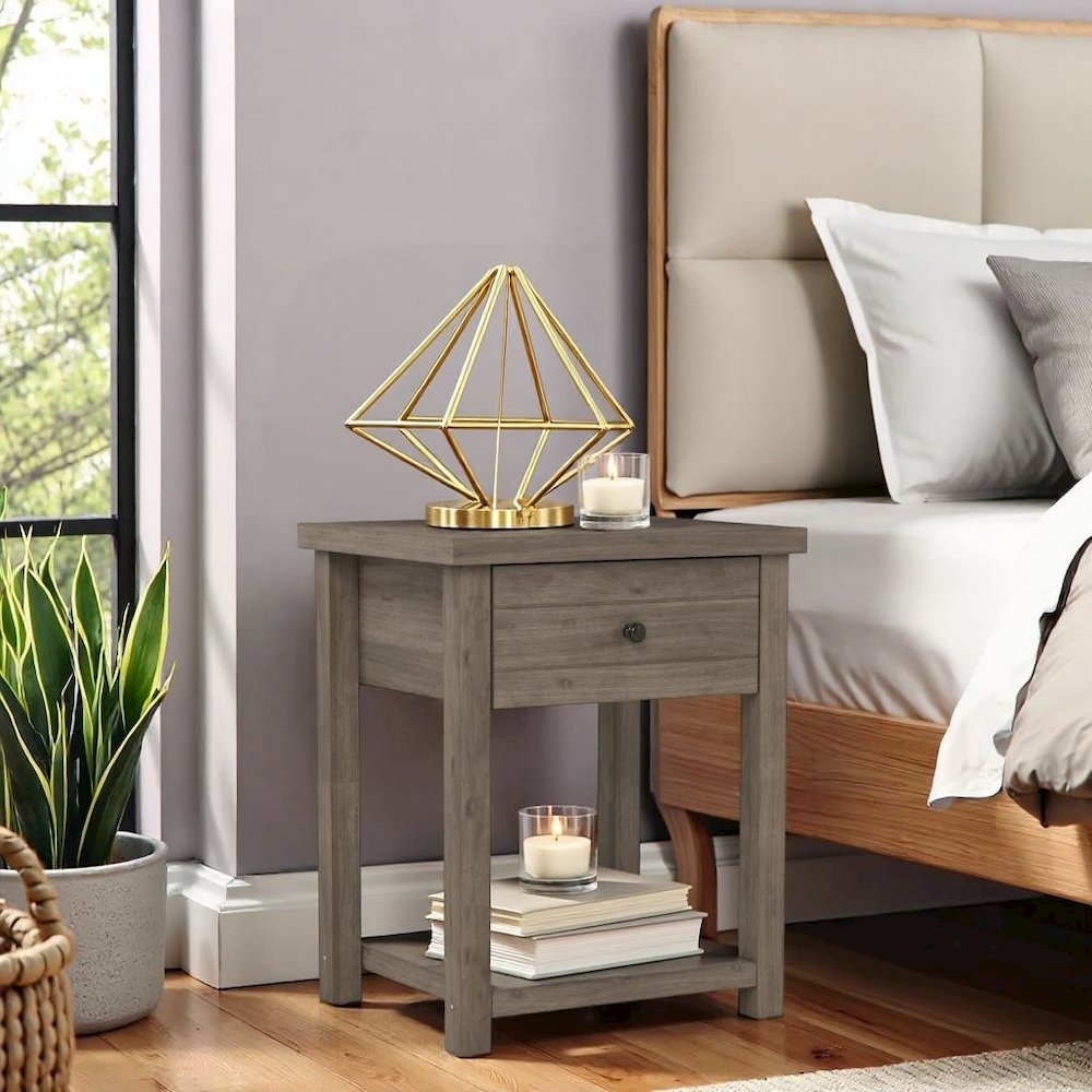 Knotty Gray Oak Nightstands Set of 2 Wooden Side Tables with Shelf. Picture 3