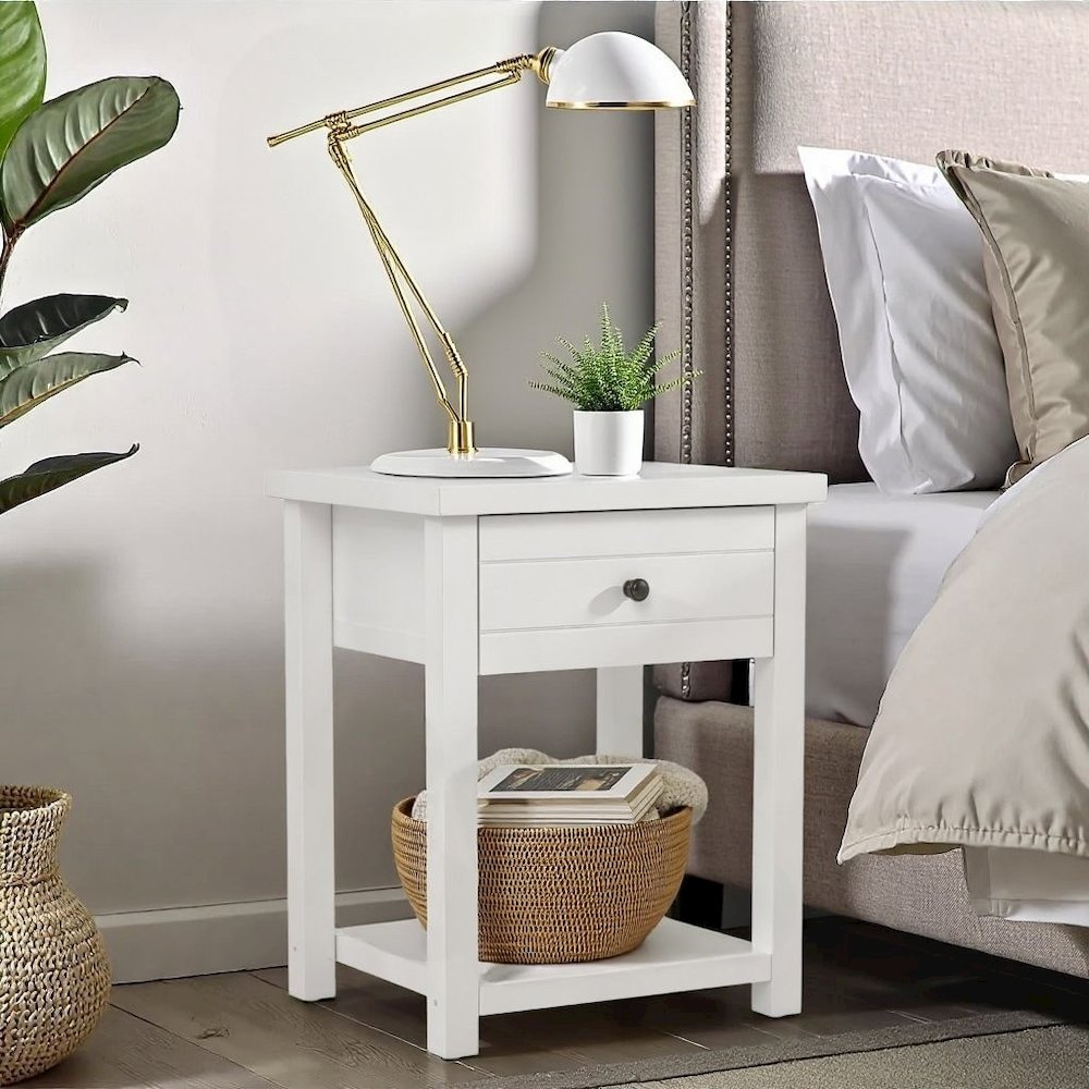 White Nightstand Wooden Side Table with Drawer and Open Storage Shelf. Picture 2