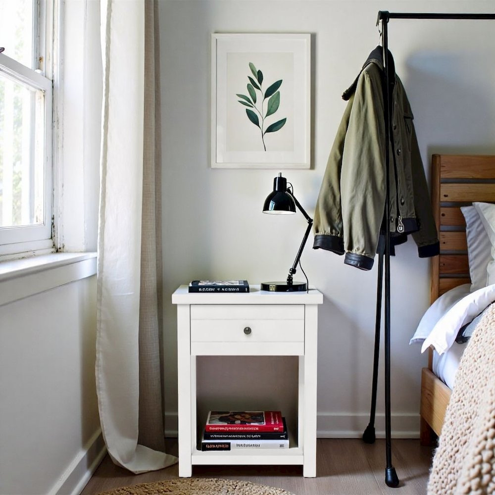 White Nightstand Wooden Side Table with Drawer and Open Storage Shelf. Picture 3