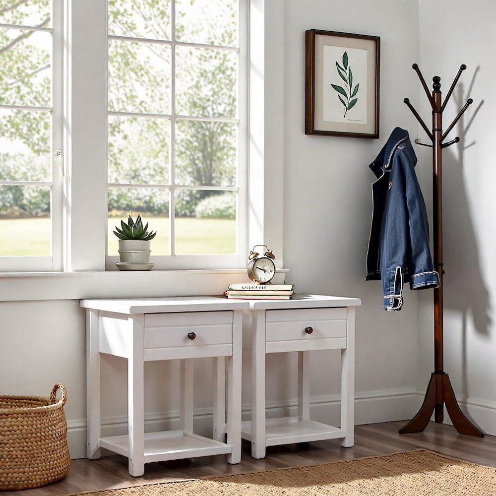 White Nightstands Set of 2 Wooden Side Tables with Drawer and Shelf. Picture 2