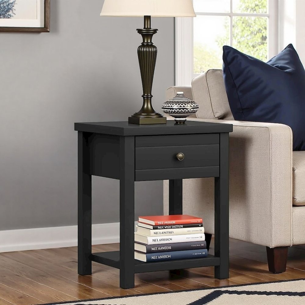 Matte Black Nightstand Wooden Side Table with Drawer and Lower Shelf. Picture 2