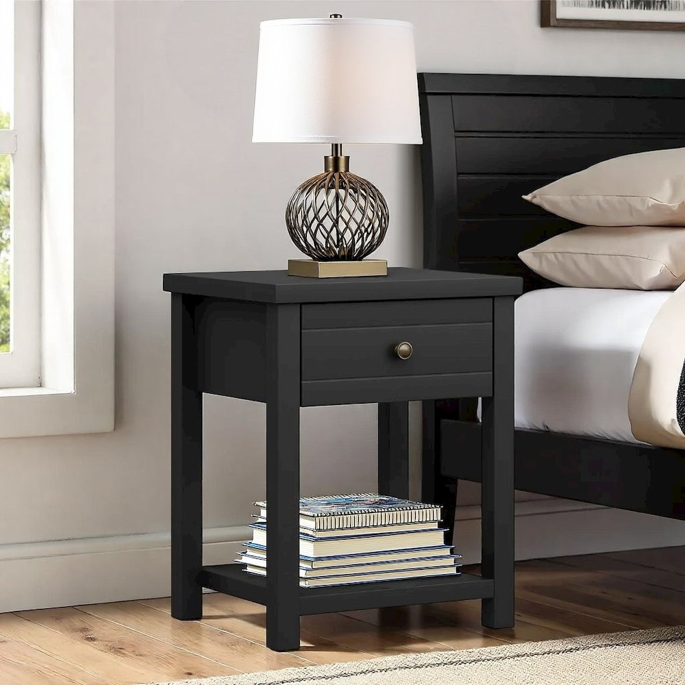 Matte Black Nightstand Wooden Side Table with Drawer and Lower Shelf. Picture 3