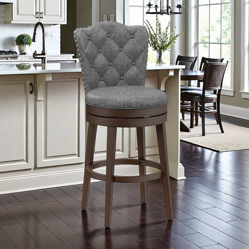 Dark brown Wood Swivel Bar Stool with Round Seat and Arch Back Design. Picture 2