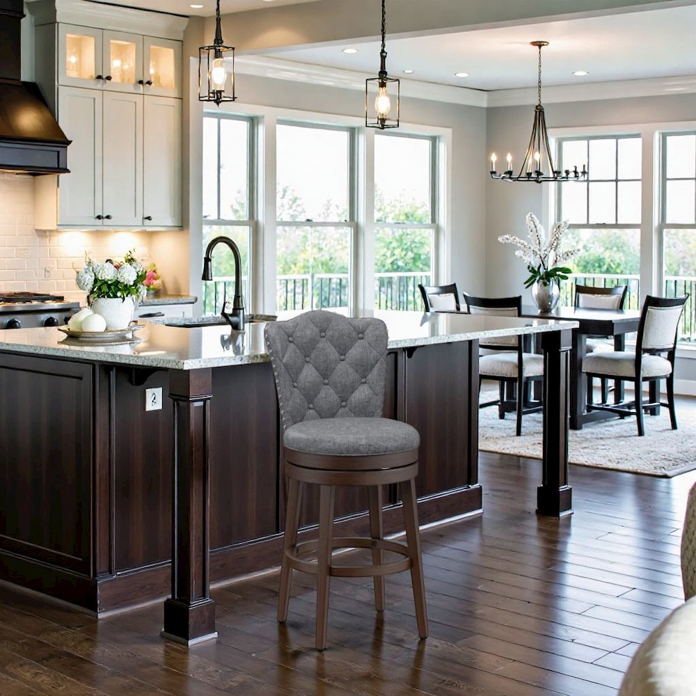 Dark brown Wood Swivel Bar Stool with Round Seat and Arch Back Design. Picture 3