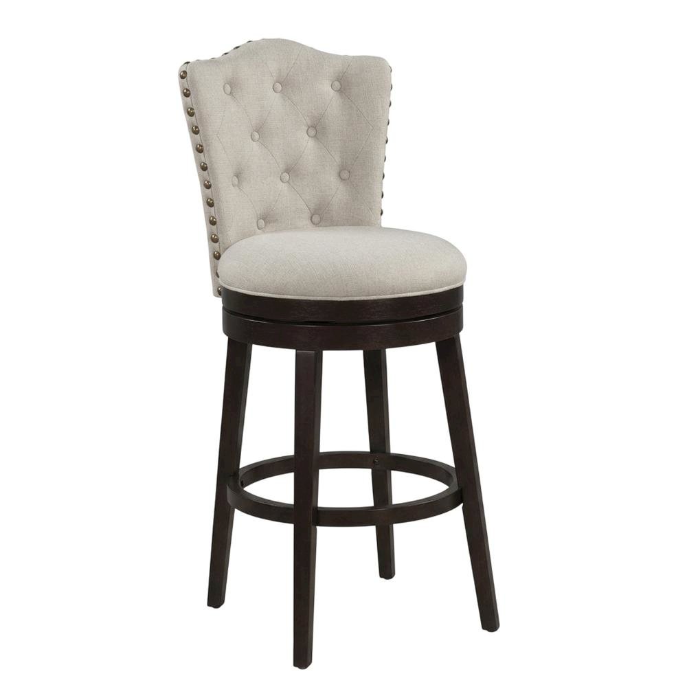Cream Fabric Swivel Counter Stool with High Back and Floor Footrest. Picture 1