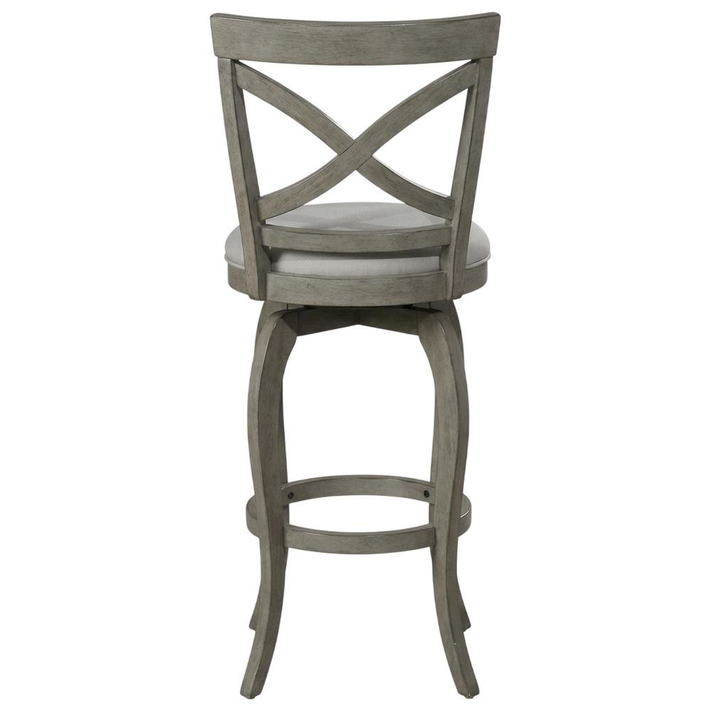 Aged Gray Fabric Counter Stool with High Back and Footrest. Picture 2